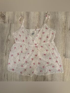 At Last Floral Babydoll Cami Lace Trim Pink Coquette Top Size L